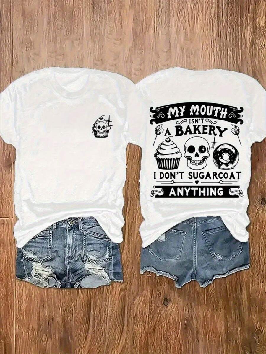 Women's 180g White T-Shirt, Printed On Both Sides With A Skull And Slogan, Casual Top, Round Neck And Short Sleeves, With The Print "My Mouth Is A Bakery, I Don't Sweeten Anything" - A Stylish One-Piece Design. - 白色 - 查看 1