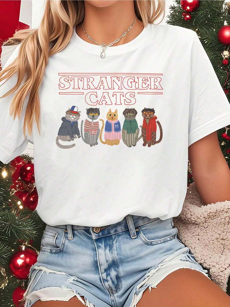 Camiseta de Verano Premium Estampada para Mujer, Camiseta Blanca de Manga Corta, Estampado de Gato de , Algodón Puro, Cuello Redondo Casual, Corte Regular, Suave y Transpirable, Adecuada para Todas las Temporadas, Ideal para el Uso Diario y Casual, Alta Versatilidad, Excelente Regalo para Fiestas o Amigos. - Blanco - Ver 1