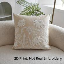 1pc Embroidery-Look Floral Beige Throw Pillow Cover (2D Print, Not Embroidered), Wabi-Sabi Cream Decor Cushion Cover, Faux Velvet Hidden Zipper Pillow Sham, Sold Individually In Two Sizes, Pillow Insert Not Included, Suitable For Bedroom, Living Room, Japanese-Style Inn - Beige - View 3