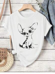 Fashion Printed T-Shirts For Women, Oversized Streetwear Tops, Comfortable And Stylish All-Match Summer Tees. Chihuahua Print T-Shirt For Women, 220g Cotton, Casual Summer Crew Neck Short Sleeve (1 Piece) - 白色 - 查看 2