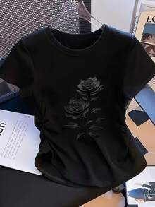 Black Rose Art Print - Y2K Style - Women's Small Size Slim Fit Solid Color T-Shirt, Casual And Sporty Style, With Detailed Pleats At Waist, Round Neck, Short Sleeves, Suitable For Four Seasons. - 黑色 2 - 查看 2