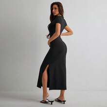 Women's Simple Solid Color Side Slit Short Sleeve Dress, Summer - Black - View 4
