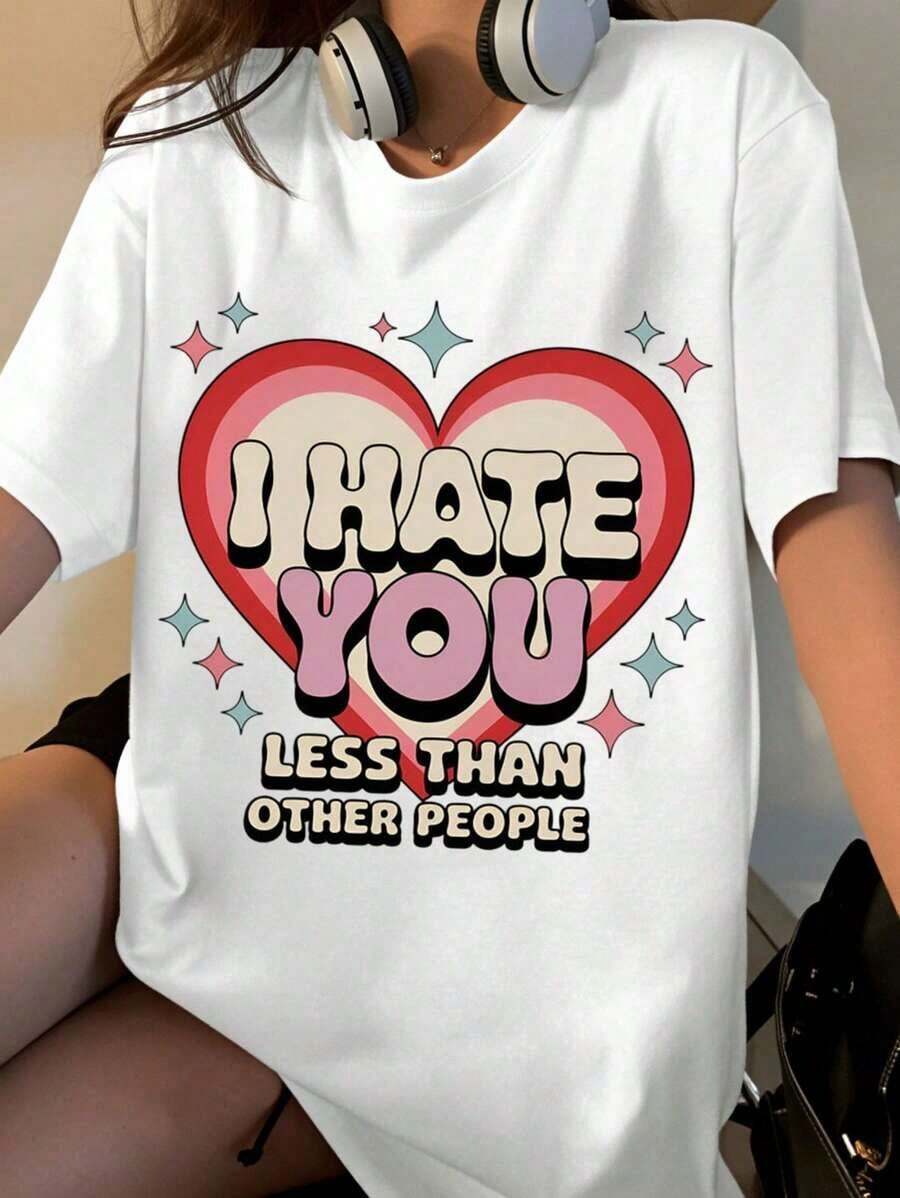 Women's Heart Print T-Shirt 'I Hate You Less Than Other People', Funny And Cute Love Message T-Shirt For Women And Girls, Valentine's Day Gift, Artistic Fashion Garment - 白色 - 查看 1