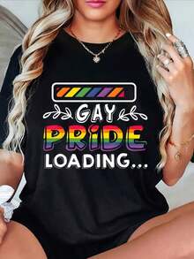 Plus Size Women's T-Shirt - Black LGBTQ+ And Gay Loading Graphic, Plus Size Casual Comfortable Fit, Washable And Durable Top For Parades, Casual Wear And Support For Allies. - 黑色 - 查看 5