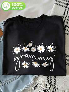 1 Piece Women's Grammy Daisy Floral Print Pure Cotton T-Shirt, Short Sleeve Crew Neck T-Shirt, Casual Summer Cute T-Shirt For Mother's Day, For Daily Wear, Casual And Comfortable - Grammy Gift, 180g, 100% Cotton. - 黑色 - 查看 7