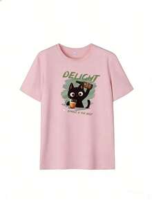 T-Shirt With Funny Black Cat And "DELIGHT" Text, Fashionable Short-Sleeved T-Shirt For Spring And Summer 2026, Made In Mexico, 180 Grams. Cartoon Print, Couple Design, Suitable For Indoor Or Outdoor Wear. Crew Neck, Unisex, Ideal For Office And Leisure. One-Pack. - PK-P631577SLNDXZGY621 - 查看 2