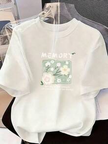 Floral T-Shirt With The Text "MEMORY".  Short-Sleeved T-Shirt For Spring And Summer 2026, Made In Mexico, 180 Grams. Cartoon Print, Couple Design, Suitable For Indoor Or Outdoor Wear. Crew Neck, Unisex, Ideal For The Office And Leisure. One-Pack. - WH-P631577SLNDXZGY582 - 查看 2