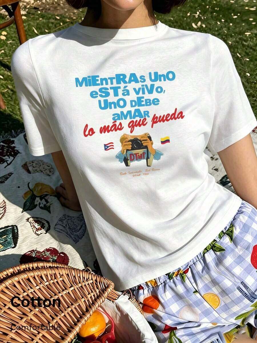 NewSummerCasual White Short-Sleeved Crew Neck T-Shirt, Urban Style, Made Of Pure Cotton, Comfortable And Breathable, With A Frog Print, Y2K Style, Casual And Versatile For Everyday Wear. Unisex Loose-Fitting Short-Sleeved Crew Neck T-Shirt With A Vintage Urban Style - 白色 7 - 查看 1