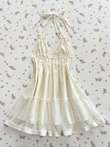 Vestido de mujer con cuello de halter con lazo, con volantes de encaje y estampado de lunares - Negro - Ver 2