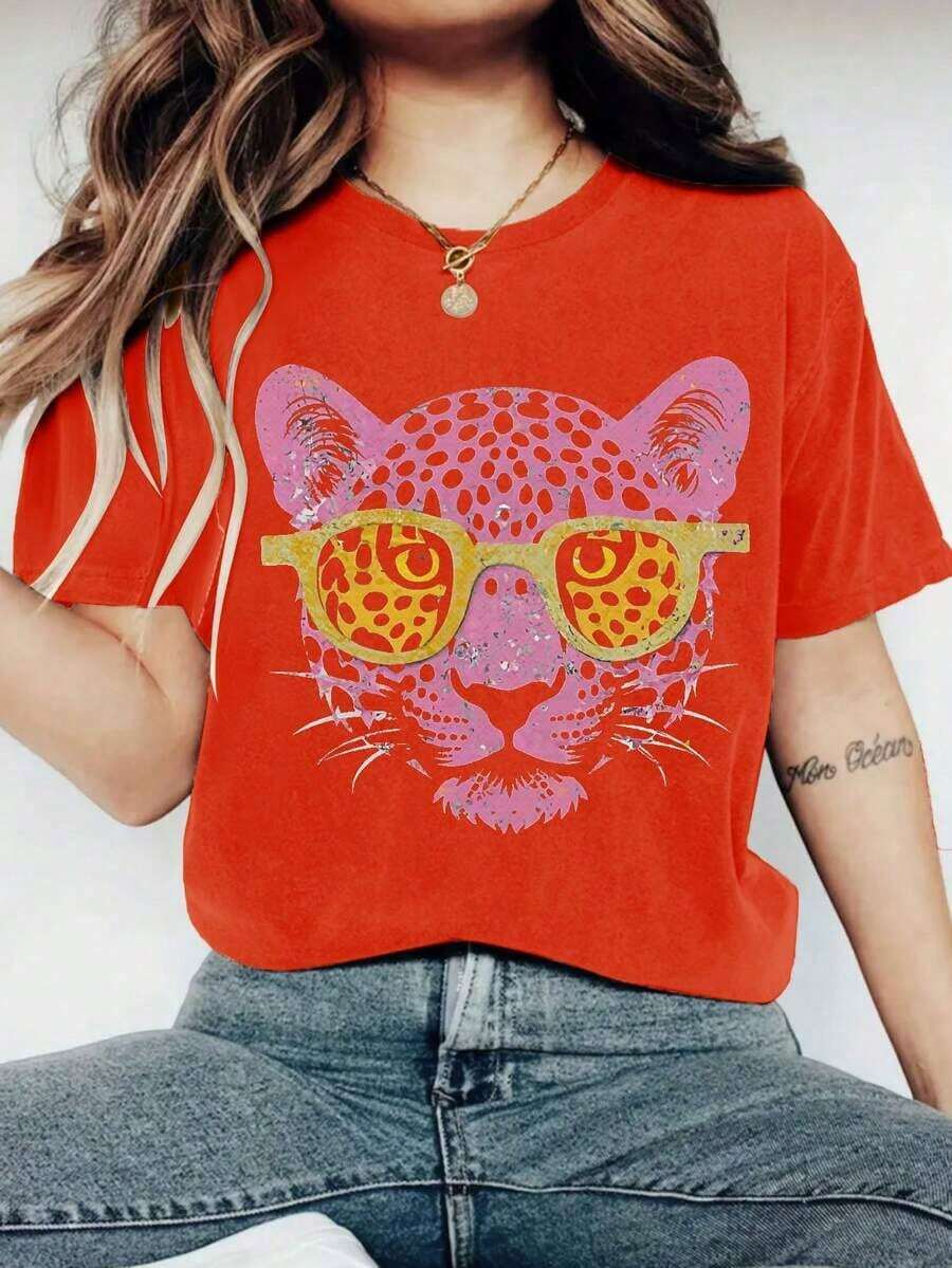 Casual Short Sleeve T-Shirt With Pink Leopard Print For Spring And Summer, Women's Clothing, Round Neck, 100% Cotton, Soft Fabric, Short Sleeve - 紅色 - 查看 1