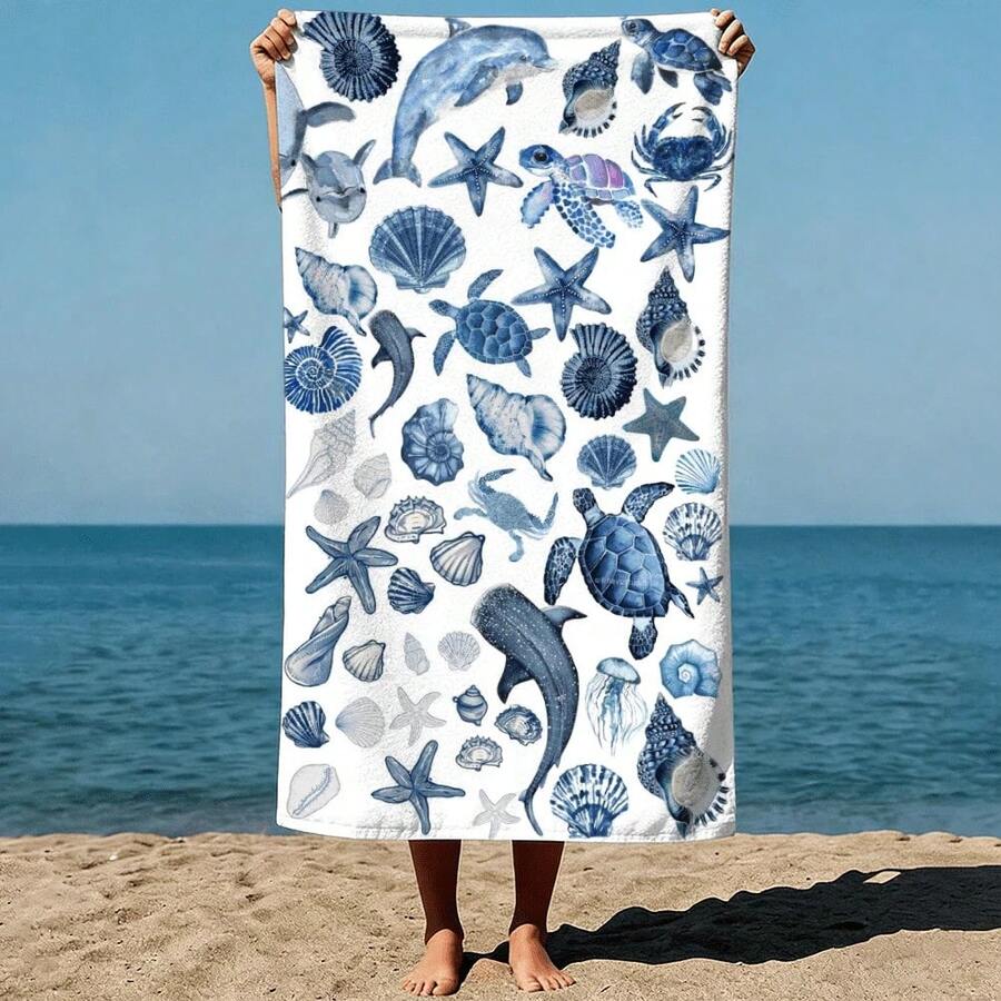 1pc Summer Boho Style Ocean Life Collection: Various Sea Creatures And Shells, Watercolor Painting Style. Beach Towel For Swimming Pool Vacation - Microfiber, Quick-Dry, Sand-Free & Lightweight Extra Large Towel For Pool, Beach, Yoga & Travel -Gift For Adults Women Men - 彩色 - 查看 1