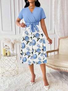 Vestido de mujer con cuello en V y cinturón, manga corta, vestido largo de verano para mujer - Niebla azul - Ver 6