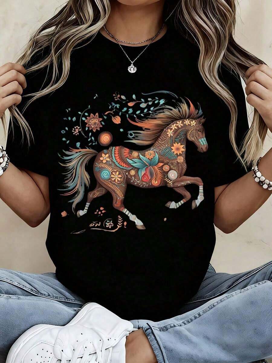 Women's White T-Shirt With Colorful Horse Floral Print And Horse Text, Casual Streetwear For Everyday Wear - 黑色 - 查看 1