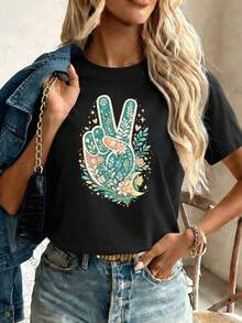 Women's T-Shirt With Floral Peace Symbol Print, Made Of Soft Cotton, Urban Hip-Hop Style, Comfortable, Durable, Graphic Design. - 黑色 - 查看 6