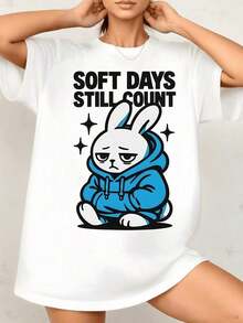 Rabbit Wearing A Blue Sweatshirt Conveying Calm And A Relaxed Attitude, Accompanied By A Motivational Phrase. Women's T-Shirt, 100% Cotton, 220g - 白色的 - 查看 1