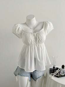 de mujer de unicolor con cuello cuadrado y manga corta, para vacaciones - Blanco - Ver 1