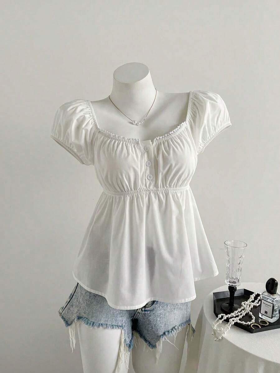de mujer de unicolor con cuello cuadrado y manga corta, para vacaciones - Blanco - Ver 1