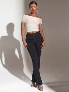 Parte superior asimétrica de hombros con diseño de pliegue simple de unicolor para mujer - Albaricoque - Ver 5