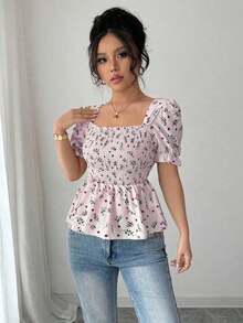 Blusa elegante de mujer con estampado floral diminuto y ajuste ceñido - Rosa - Ver 7