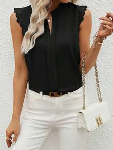 Clasi Camisa de mujer sin mangas de unicolor con cuello en V elegante y parche de encaje, verano - Negro - Ver 3