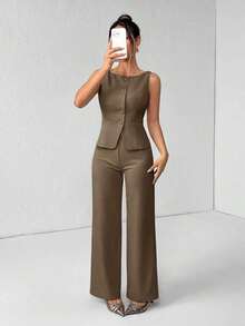 PETITE Conjunto de chaleco y pantalones de un solo pecho de unicolor con cuello redondo, elegante traje de oficina para mujer, ropa de mujer de verano y otoño, conjunto de oficina, ropa casual de negocios, conjunto de dos piezas, ropa de oficina de otoño para mujer, conjunto de blazers para mujer - Marrón - Ver 5