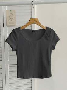 Camiseta ajustada de mujer con cuello de pico, manga raglán y patrón minimalista, 95% algodón, color caqui - Gris Oscuro - Ver 6