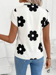 Camisa de mujer de manga corta, con lazo, volantes, a cuadros, elegante y casual para vacaciones y picnic, primavera/verano - Negro - Ver 2