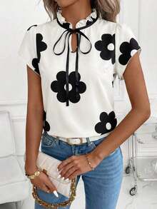 Camisa de mujer de manga corta, con lazo, volantes, a cuadros, elegante y casual para vacaciones y picnic, primavera/verano - Negro - Ver 3