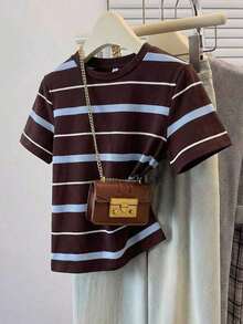 Camiseta de manga corta holgada con cuello redondo, estilo asimétrico a rayas, minimalista y casual, para mujer.Versátil y adecuada para primavera/verano y temporada deportiva - Multicolor - Ver 12