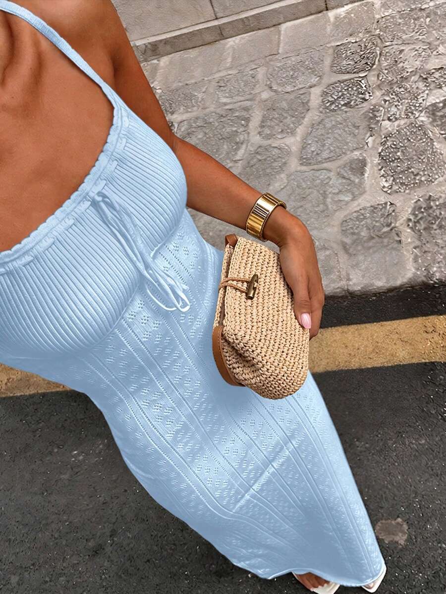 Ywenier Vintage Casual Elegant Knitted Maxi Dress, Square Neck Spaghetti Strap Front Tie Backless Tank Dress, Valentine's Day Summer Vacation Beach Cover-Up - Blue - View 1