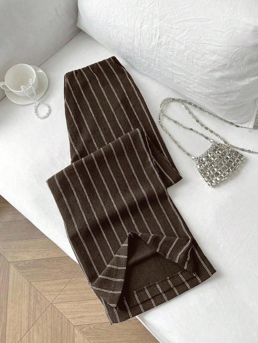 Pantalones casuales de mujer de corte holgado a rayas, versátiles para uso diario, estilo universitario - Café integral - Ver 1