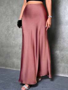 Falda de estilo de cola de sirena de unicolor para mujer, falda de satén, falda larga elegante, adecuada para fiestas y uso diario - Color caoba - Ver 1