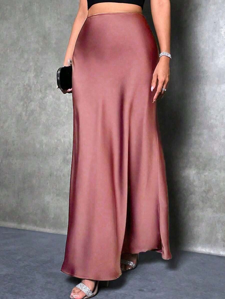 Falda de estilo de cola de sirena de unicolor para mujer, falda de satén, falda larga elegante, adecuada para fiestas y uso diario - Color caoba - Ver 1