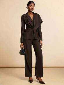 Conjunto casual de blazer y pantalones de unicolor con cuello entallado para ir al trabajo - Marrón - Ver 4