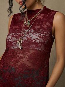 Freevana Blusa sin mangas con estampado floral vintage bohemio y encaje, talla grande, nueva llegada de primavera, adecuada para el Día de San Valentín, festivales de música - Burdeos - Ver 3