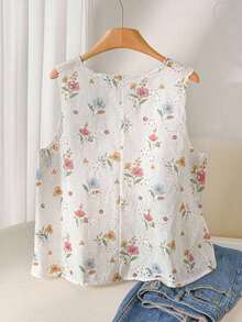 Camisa/chaleco sin mangas de talla grande con estampado casual, textura, calado, bordado y detalle de lazo - Multicolor - Ver 2