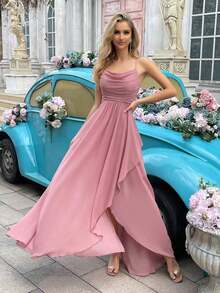 Vestido formal elegante y minimalista para mujer, vestido de dama de honor de verano, adecuado para bodas, invitados, galas, eventos formales, fiestas de compromiso, bodas de jardín - Vestido largo de dama de honor con cuello drapeado, bajo asimétrico y tirantes, unicolor, primavera - Rosa - Ver 4