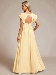 Vestido de dama de honor de gasa, diseño con escote en V plisado de manga corta, espalda abierta drapeada y bajo asimétrico, adecuado para bodas, uso vacacional, vestido de madre de la novia en primavera - Amarillo - Ver 2