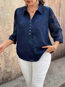 Blusa casual de mujer talla grande de unicolor, cuello en V, manga 3/4, decoración con botones, de tela de chifón jacquard - Azul marino - Ver 8