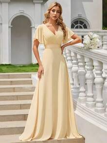 Vestido de dama de honor con cuello en V elegante, mangas con volantes y mariposa, color verde salvia, vestido de invitada de boda, vestido de primavera semi-formal para boda, fiesta de cumpleaños, graduación, Día de San Valentín - Amarillo - Ver 1