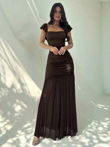 Vestido ajustado con volantes en el bajo, cintura anudada y malla verde elegante para mujeres, adecuado para fiestas, vacaciones, festivales de música, temporada de bodas, brunch, Día de San Patricio, vestidos largos bohemios para mujeres, Fairycore, atuendos de vacaciones, vestidos de graduación, atuendos de playa, atuendos de aeropuerto - Café integral - Ver 1