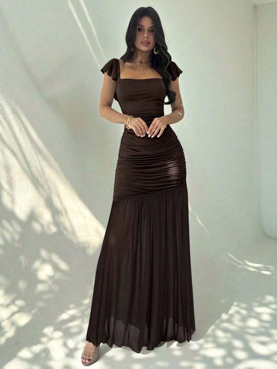 Vestido ajustado con volantes en el bajo, cintura anudada y malla verde elegante para mujeres, adecuado para fiestas, vacaciones, festivales de música, temporada de bodas, brunch, Día de San Patricio, vestidos largos bohemios para mujeres, Fairycore, atuendos de vacaciones, vestidos de graduación, atuendos de playa, atuendos de aeropuerto - Café integral - Ver 1