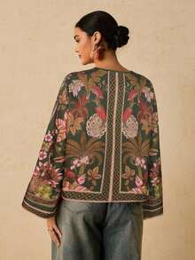 Camisa casual versátil de uso diario con estampado floral y nudo delantero para mujer de talla grande - Verde Oscuro - Ver 2