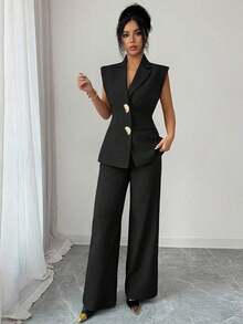 Conjunto de blazer de unicolor con decoración de hebilla metálica y bolsillo falso + pantalones rectos de cintura alta y sueltos, estilo vintage francés elegante para oficina, viajes, negocios, casual, citas, primavera/verano - Negro - Ver 7