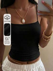 Top camisola ajustado y plisado de unicolor minimalista para uso casual y diario, verano - Negro - Ver 7