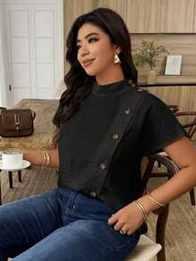Weeklong Camisa suelta con botones y bordado de ojetes asimétrico, atuendo casual para diario/vacaciones, ropa de oficina - Negro - Ver 6