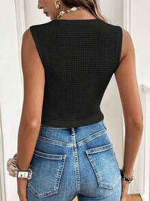Frenchy Top de tanque casual de botones frontales de unicolor con textura para verano - Negro - Ver 2