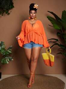 de gasa con cuello en V, mangas acampanadas con volantes y pliegues, estilo francés elegante para verano, talla grande, color naranja, camisa grácil para mujer, atuendo de vacaciones, Top con bajo fluido - Naranja - Ver 5