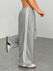 Pantalones casuales con rayas laterales negras, de estilo simple y de moda para uso diario, graduación, maestros y vuelta al colegio para mujeres - Gris - Ver 4