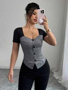Blusa de trabajo elegante y casual con botones delanteros y manga corta, silueta entallada para dama - Multicolor - Ver 9